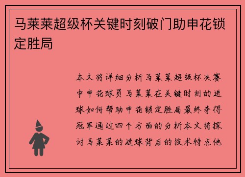 马莱莱超级杯关键时刻破门助申花锁定胜局