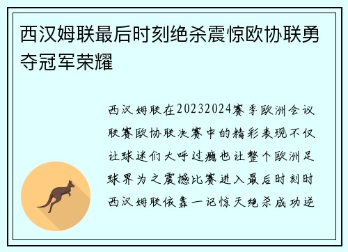 西汉姆联最后时刻绝杀震惊欧协联勇夺冠军荣耀